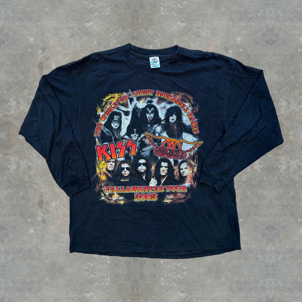 Vintage 2003 Kiss Aerosmith Fall Winter Tour Long Sleeve Shirt Black XL Band Tee
